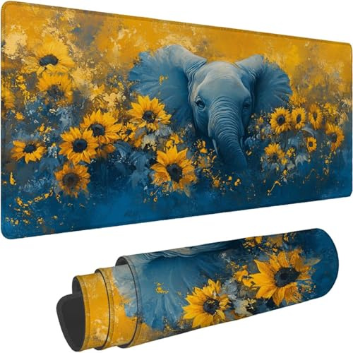 Mouse Mat 1400 x 700 x 3mm Large Mouse Mat Non Slip Rubber Base, Soft Textured Surface with Stitched Edges, Waterproof Desk Mat for PC, Laptop, Laser Mice for Office, Yellow Elephant Printing xn-372