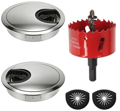 Luabueb 2 Pièces Passe-Câble Bureau Métal 60mm Passe-câbles Ronds Argent Passage de Câbles Cache-câble & Scie Cloche pour Cacher Les Cables pour Bureaux d'Ordinateur, de Travail, de Jeux