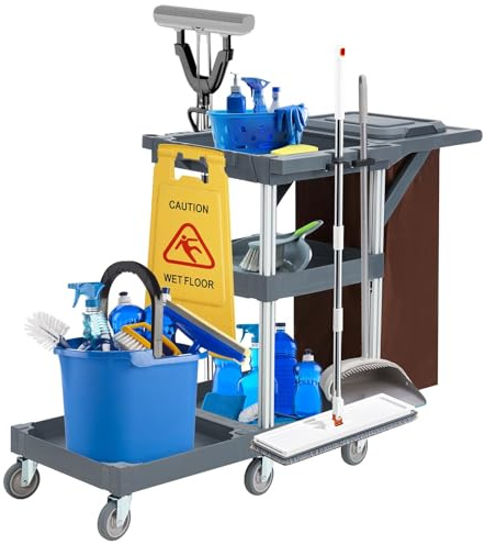 RBFGYIOP Carrello per pulizie commerciali su ruote Carrello per pulizie nero con coperchio, ripiani e borsa in vinile