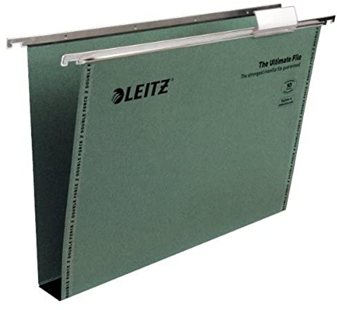 Leitz Ultimate Clenched Bar Suspension File, Foolscap, Squared Base, Pack of 50, Tabs Included, Green, Ultimate Range, 17450055