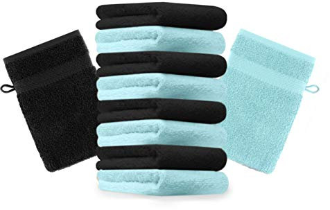 Betz 10 Stück Waschhandschuhe Premium 100% Baumwolle Waschlappen Set 16x21 cm Farbe türkis und schwarz