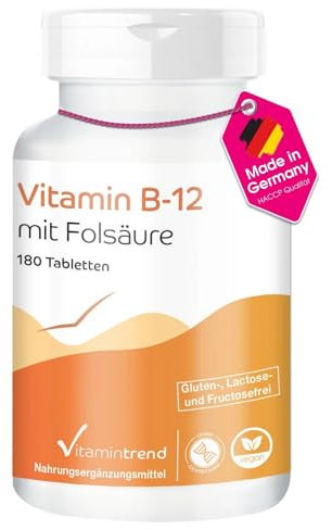 Vitamintrend Vitamin B12 500µg mit Folsäure 100µg, 180 Tabletten, hochdosiert, Nahrungsergänzungsmittel vegan ohne Magnesiumstearat, in Deutschland hergestellt