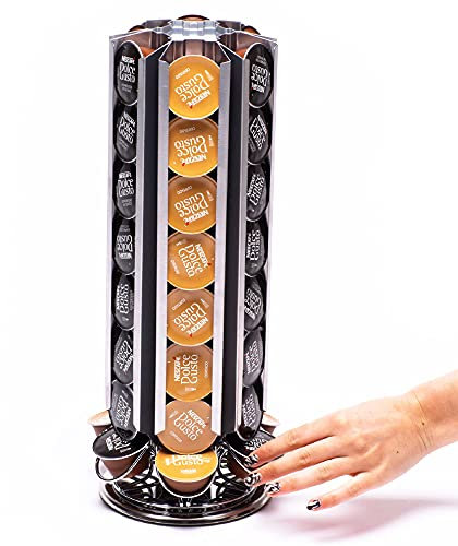 Peak Coffee Revolving Pod Holder for 36 Dolce Gusto Pods - Compatible with Dolce Gusto - Coffee Capsule Storage, Organiser & Dispenser - Rotating Tower Rack - Modern Chrome & Silver Finish