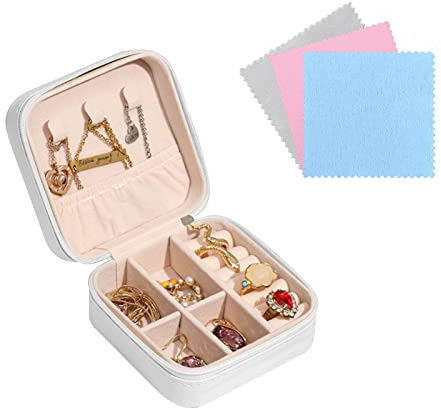 FuninCrea Jewellery Box Organiser for Women, Mini PU Leather Travel Jewelry Storage Case with 3pcs Silver Cloth for Rings Earrings Necklace, Portable Jewelry Case for Girl, Wife, Mother (white)