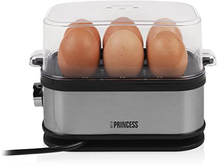 Princess 262046 Cocedor de huevos de acero inoxidable, adecuado para 6 huevos a la vez, tapa de plástico transparente libre de BPA, 400 W