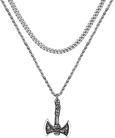 OIDEA Colgante Cabeza de Hacha Vikinga, Collar de Acero Inoxidable para Hombre y Mujer, Collar Vikingo Nórdico con Doble Cadena, Collar Amuleto Cabeza de Hacha de Plata