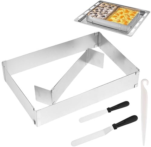 Molbory Telaio da forno rettangolare regolabile, stampo professionale rettangolare con coltello da scioglimento + spatola per burro, anello per torta rettangolare regolabile senza livelli continui,