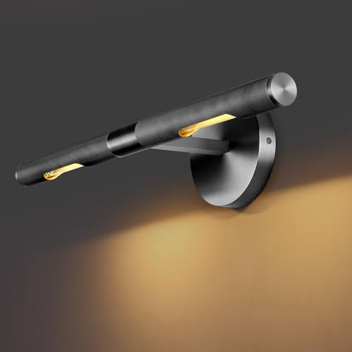 Knurldon – Svart räfflad fotolampa i mässing med 48 cm sladd, dimbar och 360° roterbar för vägg, sminkbelysning, gallerivägglampa, bildrambelysning, inkluderar