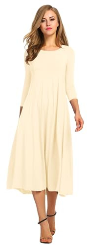 HOTOUCH Womens Casual Mid Length Dress A-line 3/4 Sleeve Dress Empire Waist T Shirt Dress, Beige L