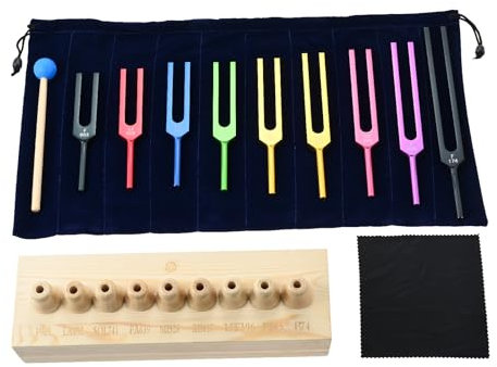 Dreld 9 Solfeggio Tuning Forks Kit, Healing Forks with Resonance Chamber Silicone Hammer and Storage Bag for Healing, Sound Therapy, Musical Instrument, Balancing, Healers (Colorful-1)