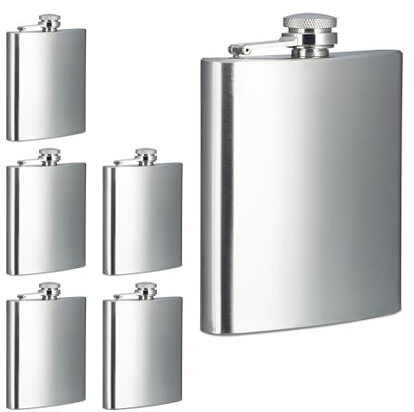 Relaxdays Flachmann 6er Set, 200 ml, Edelstahl Schnapsbehälter für unterwegs, Taschenflasche Schraubverschluss, Silber