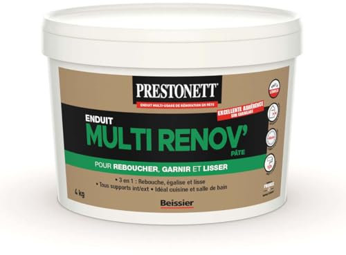 Enduit Lissage et Rebouchage 3 en 1 PRESTONETT MULTI RENOV en Pot 4 KG en Pâte pour Intérieur et Extérieur