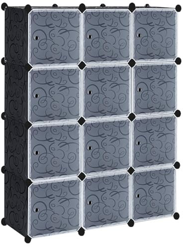 Froadp Vikbara garderober, 12 galler, plug-in-hyllsystem, 140 x 105 x 35 cm, plastgarderob för klädförvaring, gör-det-själv, hyllsystem, skåp för skor, kläder, leksaker och böcker (svart)