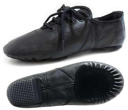 Jazz Dance Shoes Pure Black Leather - Split Sole Rubber Heel - Modern Stage Dance Shoes (8 UK)