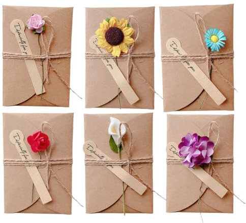 CPJJ Geburtstagskarten Set mit Umschlag, Getrocknete Blumen Grußkarten mit Kraftumschlag,6 verschiedene Arten von Blumen,Handgefertigte Grußkarten,Dankskarten(105 * 71mm), 6 Stück