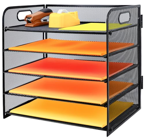 PLSOPPKG Organizer da Scrivania a 5 Livelli con Supporti Verticali Extra, Vassoio per Lettere con Cassetto, Vassoi per Documenti A4, Porta Riviste e Documenti per Casa e Ufficio, nero