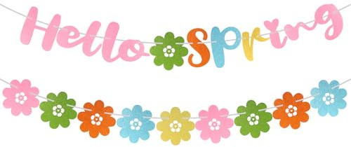 Bannière Hello Spring, Pré-Enfilée Bannière de Fleurs Printanières Guirlande Printemps Paillettes Décorations à Suspendre Hello Spring pour Accueillir Printemps Pâques Fournitures Fête