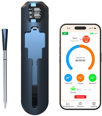 PZCC Ninja Termometro digitale di precisione per alimenti, termometro senza fili per carne, per barbecue, sonda per carne, con app intelligente, monitoraggio dello zucchero, impermeabile IP67