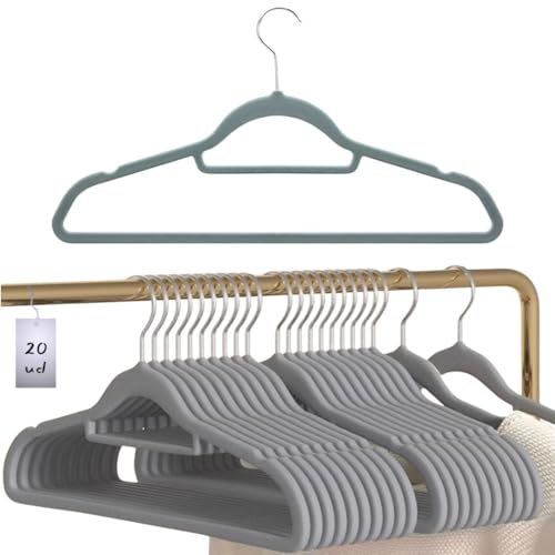 Grucce in velluto antiscivolo per vestiti, con gancio di cravatte, fazzoletti e fessura per bretelle, velluto Hanger, grucce vestiti resistenti ed eleganti (20, grigio)