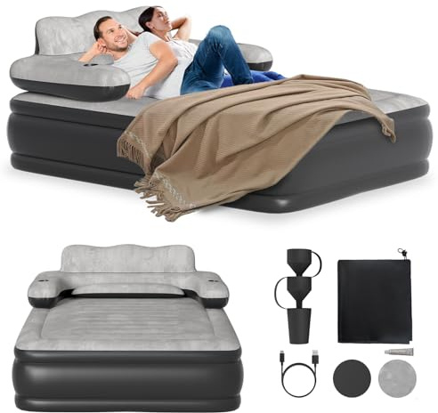 ACXIN Materasso ad aria con testiera e pompa ad aria, 195 x 146 x 82,5 cm, gonfiabile, autogonfiabile, con superficie floccata per casa, campeggio, letto per 2 persone fino a 250 kg