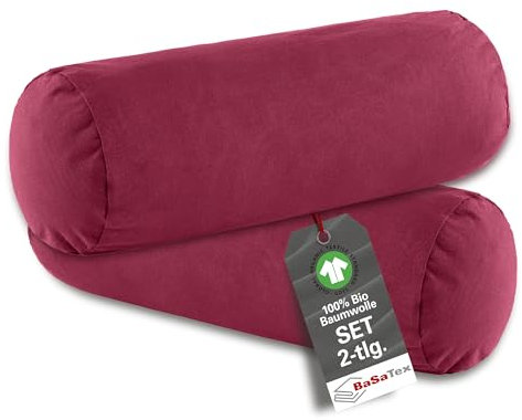BaSaTex Bio Kissenhülle, Kopfkissenbezug für Nackenrolle 40x15 cm im 2er Pack - 97% GOTS-Zertifizierte Baumwolle + 3% Elasthan - Farbe: Bordeaux