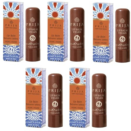 Prija Bálsamo Labial Vegano con Aceite de Jojoba, Manteca de Karité y Cera de Girasol, Cuida Tus Labios de Forma Natural, Bálsamo Labial Hidratante en Barra 5 x 4.5ml