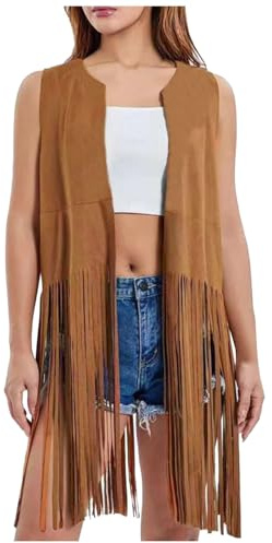 Damen Fransen Weste Hippie Kleidung Lange Fransenweste Ärmellos Denim Vintage Jacke mit Quaste 60er 70er Wildleder Vorne Offen Cardigan Outwear Cowgirl Cowboy Disco Outfit Oktoberfest Karneval Kostüme