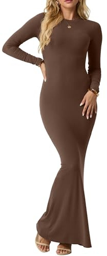 IWOLLENCE Bodycon Dresses for Women UK Long Sleeve Maxi Dress Ladies Elegant Ribbed Round Neck Bodycon Maxi Dress Modest Long Dresses for Women (Coffee, S)