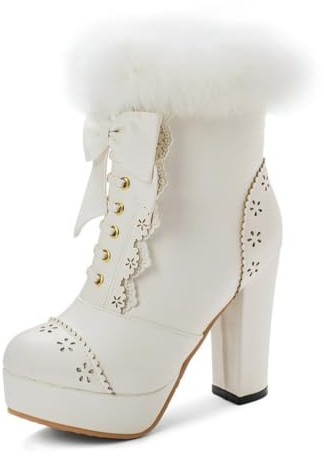 HQINGAXU Bottines Femme Bout Rond avec Nœud Garniture en Fausse Fourrure Talons Hauts Épais À Lacets Fermeture Éclair Latérale Chaussures Habillées Cosplay,Blanc,36 EU