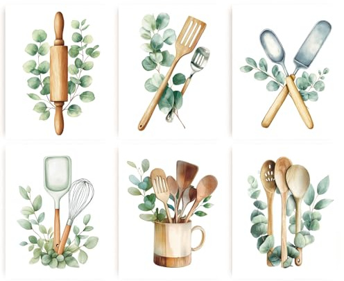 INFUNLY 6 Set Botanical Kitchenware Wall Art Print 8x10Inch Green Eucalyptus Leaves Poster Pictures Spoon Turner Canvas Wall Art Unframed Boho Plant Prints Sticker for Kitchen Dining Room Home Decor