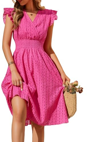 heekpek Women's Summer Dresses Cotton V Neck Midi Summer Dress A Line High Waist Sundresses Ruffle Sleeveless Dress with Pockets