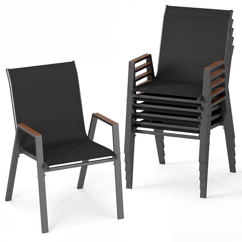 COSTWAY Lot de 2/4/6 Chaises de Jardin Exterieur, Fauteuils Empilable, Charge 180 kg, Tissu Respirant, Structure en Métal, Chaise Exterieur pour Jardin Cour Balcon, 56 x 66 x 88 cm (Noir,6)