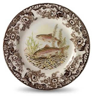 Spode Woodland Trout Dinner Plate - Nature-Inspired Fish Design with British Flowers Border, 10.5 Fine Earthenware Tableware - Dishwasher, Microwave, Freezer, Oven Safe - Made in England