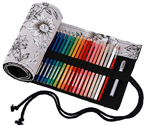 Amoyie Roll Up Pencil Case for 72 Coloured Pencils, Foldable Colouring Pen Organiser Bag, Canvas Coloring Pens Holder, Artist Wrap, Grey Flroal