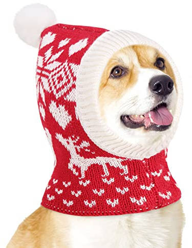 Pawaboo Christmas Pet Hat, Funny Knitted Pets Cap with Pompon, Cute Crocheted Snood Winter Warm Pet Hat, Neck Ear Warmer Hood Warm Scarf XMAS Decoration Santa Hat for Medium Dogs, M, Elk Red