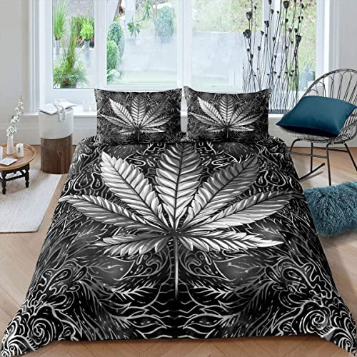 Loussiesd Marihuana Blatt Bettwäsche Set Grau Psychedelische Cannabisblätter Bettbezug Hippie Marihuana Weed Blätter Bettwäsche 135x200cm Trippy Hanf Bettbezug Set 2 Stück