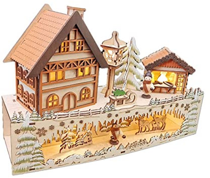 Spetebo LED Holz Weihnachtsdorf Szene auf 2 Etagen - 30 cm - Winterdorf und Wald mit 5 LED - Weihnachtsdeko Tischdeko beleuchtet
