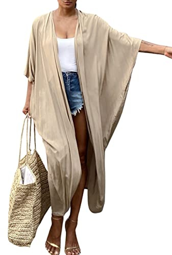 Bsubseach Women Solid Apricot Long Beach Swimsuit Cover Ups for Swimwear Sexy Bikini Beach Kimono Cardigan