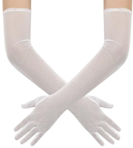 Hazhlko Women's Long Stretchy Mesh Tulle Sheer Gloves Costume Wedding Opera Halloween Party 1920's Dance Gloves Ivory