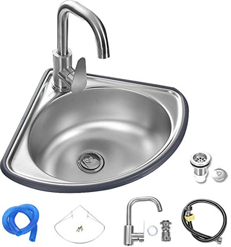 Lavandino In Acciaio Inox Angolo Triangolare con Rubinetto e Tubo di Ingresso - Lavello Singolo Piccolo per Cucina