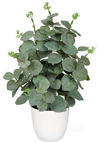Planta artificial pequeña planta falsa de 36cm, plantas artificiales en maceta, eucalipto sintético realista en macetas negras, plantas verdes decorativas para interiores, plantas verdes para el hogar