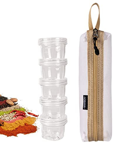 Joyeee Set da 5 barattoli per spezie da campeggio agitatori per sale e pepe con borsa da viaggio portatile bianca, dispenser per contenitori per condimenti per picnic all'aperto