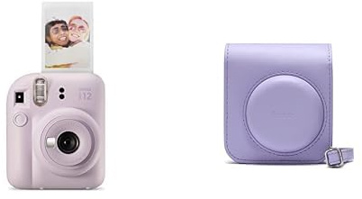 Instax Mini 12 Cámara instantánea, con autoexposición y Lente selfi incluida, Lilax Purple & Funda para Cámara Mini 12, Color Lilac Purple, Medida Única