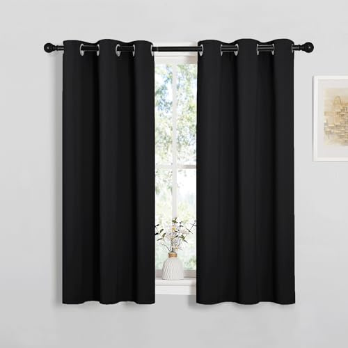 PONY DANCE Short Blackout Thermal Insulated Curtains for Bedroom Small Room Darkening Energy Saving Privacy Curtains & Drapes for Kitchen, W 34 x L 45, 2 Panels, Black