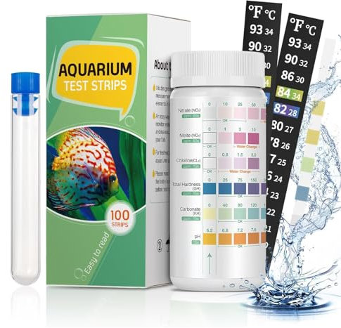 Pawfly 6 in 1 Aquarium Test Strips 100 Strip Fish Tank Testing kits for pH Chlorine Nitrate Nitrite Carbonate and Hardness Fast Water Quality Test Kit with Test Tube Thermometer Stickers for Aquairums