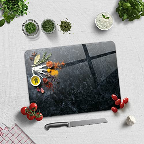 Planche à découper rectangulaire en verre trempé pour cuisine avec pieds en caoutchouc, résistante à la chaleur, antidérapante, 30 cm x 40 cm (assaisonnement d'épices)