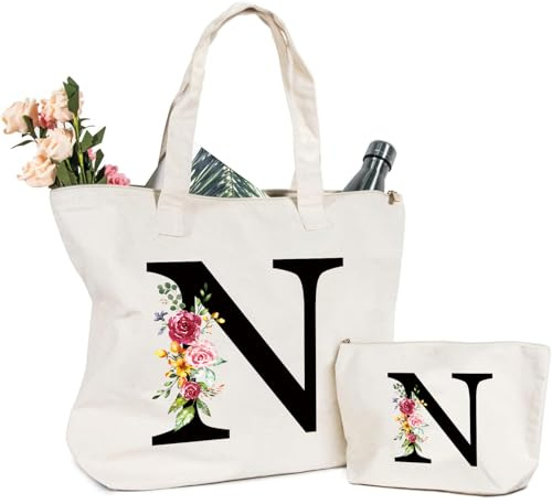 Letras Personalizadas Bolsa de lona, Bolso Tote de Mujer con Inicial y Flores Bolsa de Compras con Bolsillo Interior Alfabeto Bolso de Cosméticos Regalos para Damas Amigas Mamá Regalo Cumpleaños(N)
