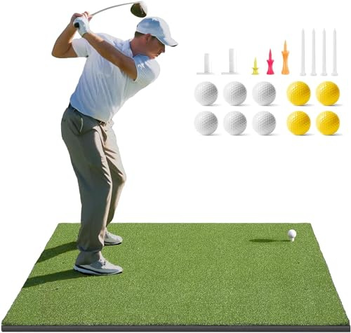 Golfguru Golf Mat, 5x5 ft 31mm Dense Elite Golf Hitting Mats Practice with 10 Balls, 9 Tees, Heavy Duty Artificial Hitting Training Matt for Backyard Driving Chipping Indoor Outdoor Simulators