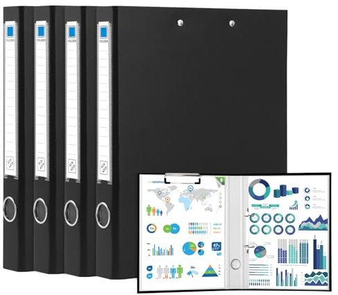 GUOKOFF Ringbuch mit Klemmbrett, 4 Stück Ringbücher A4, 45mm Rücken, Kunststoff Klemmbrett Ringbuch Mit 2 Ringen für Geschäft, Büro, Schule