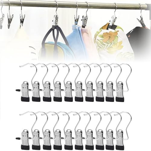 20 Pack Edelstahl Spurlos Klammerhaken,Kleiderbügel mit Klammern,Kleiderbügel Klemme,Kleiderbügel Haken,Tragbare rutschfest,Kleiderbügel Klammern,Klemmhaken für Hut Hosen Stiefel Socke Rock